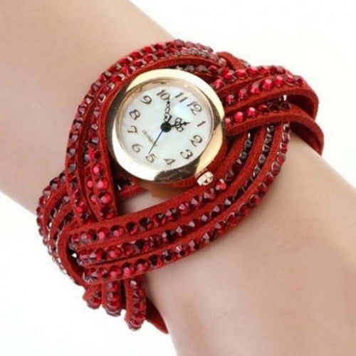 Multilayer Leather Bracelet Wrist Watch - Rhinestone Weave Wrap