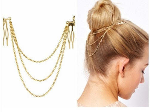 Double Gold Chain With Leaf Comb Headbands